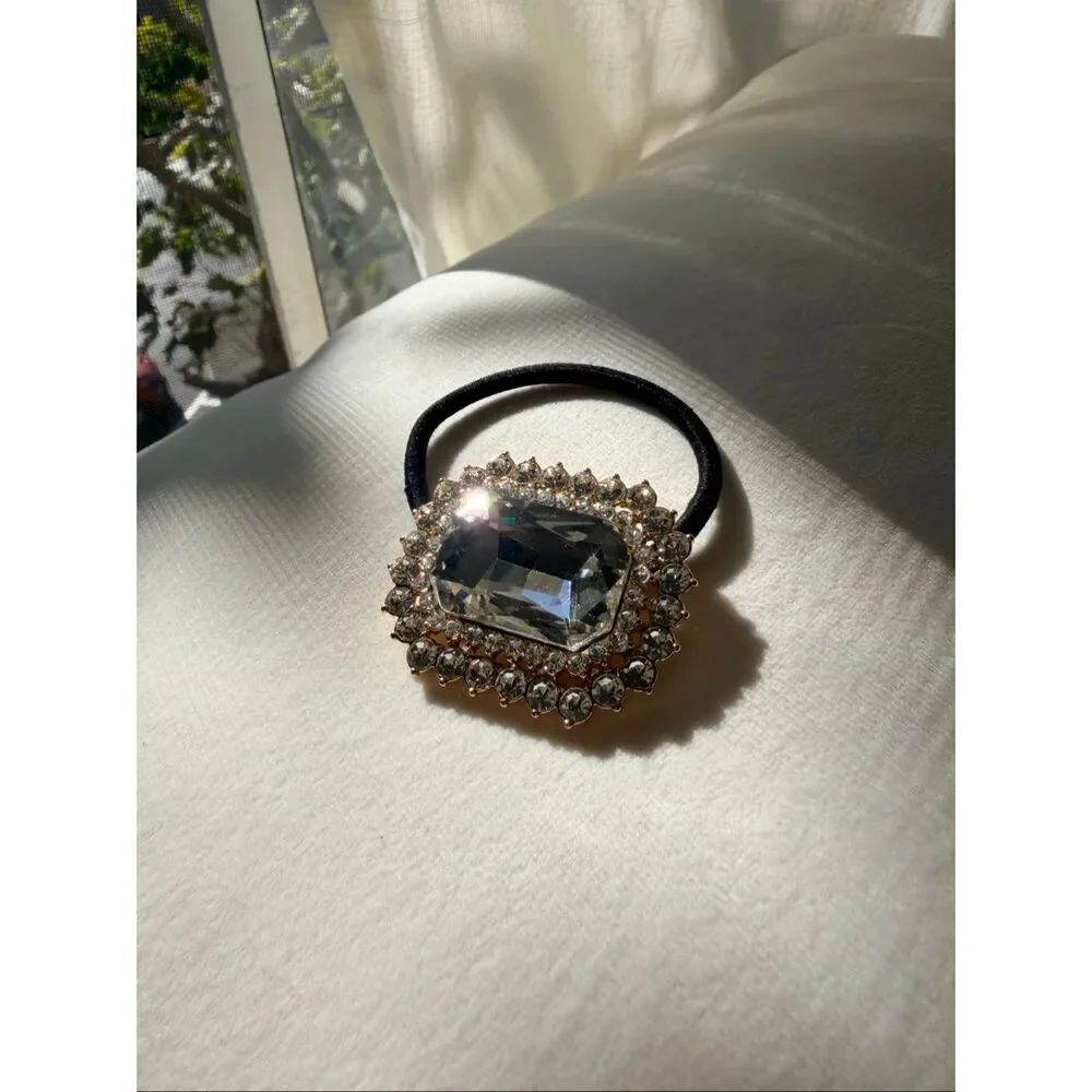 Crystal Rhinestone Hair Tie Statement Ponytail Holder Gold Tone